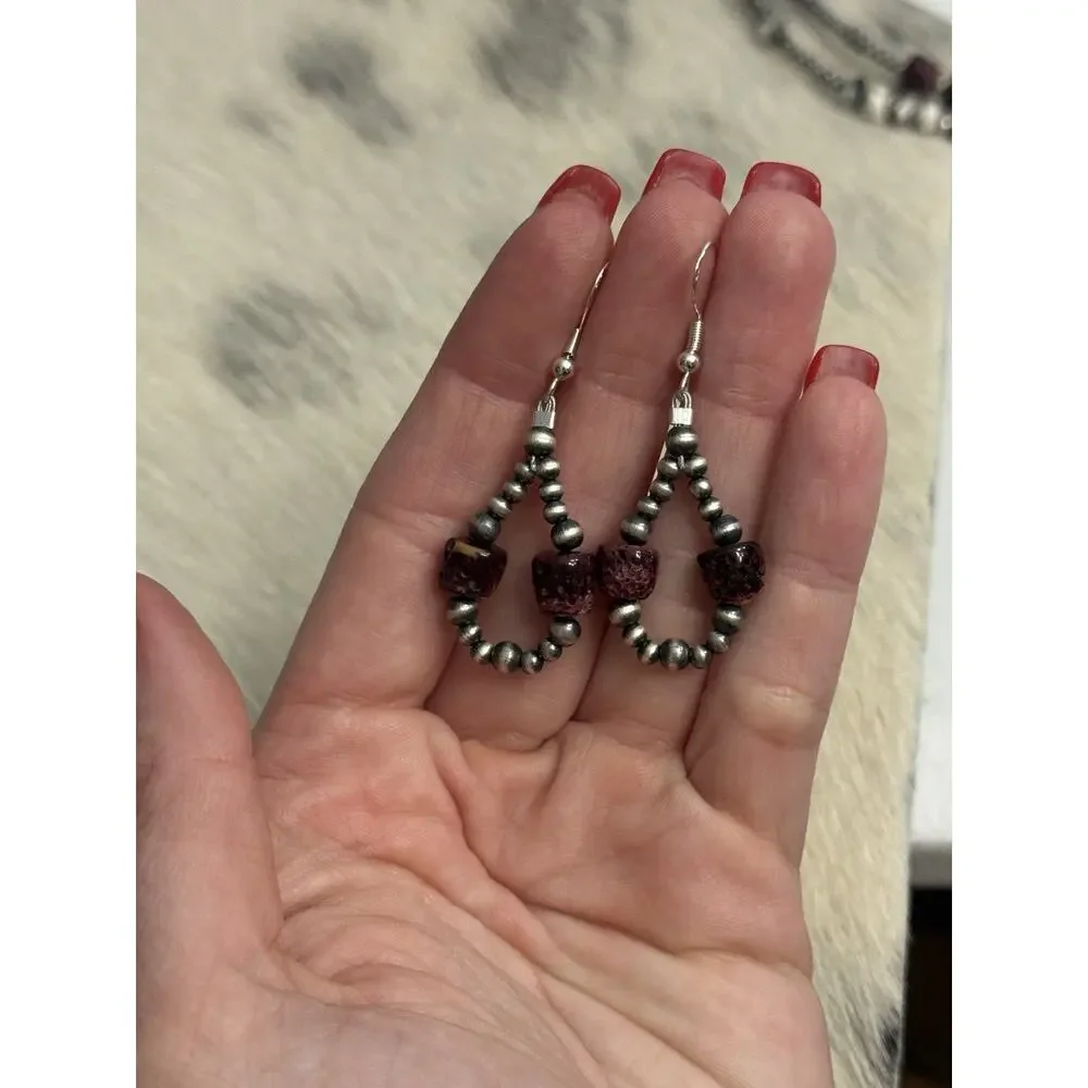 Native American Sterling Silver 8mm Purple Spiny Navajo Pearl Hoop Earrings